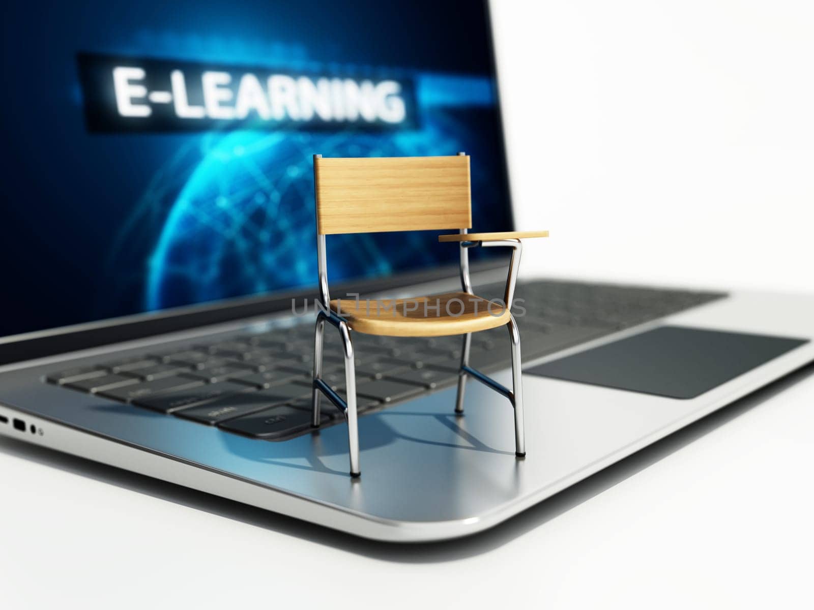 Student chair standing on laptop computer. 3D illustration.