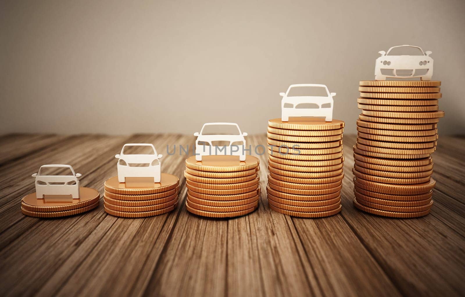 White car silhouettes standing on gold coin stacks. 3D illustration.