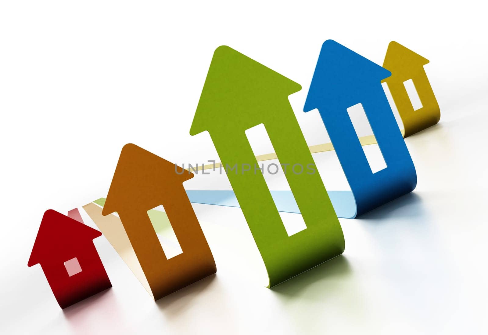 Rising house prices chart on white background. 3D illustration.