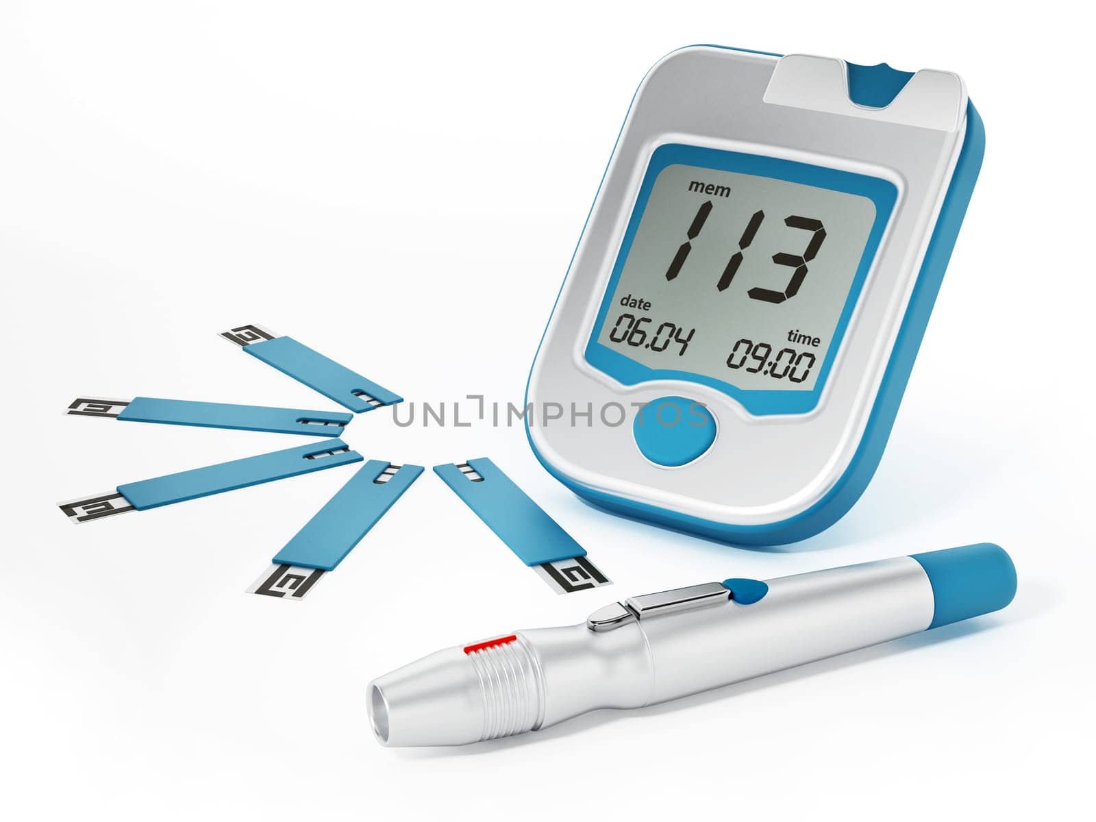 Blood glucose meter with strips isolated on white background. 3D illustration.