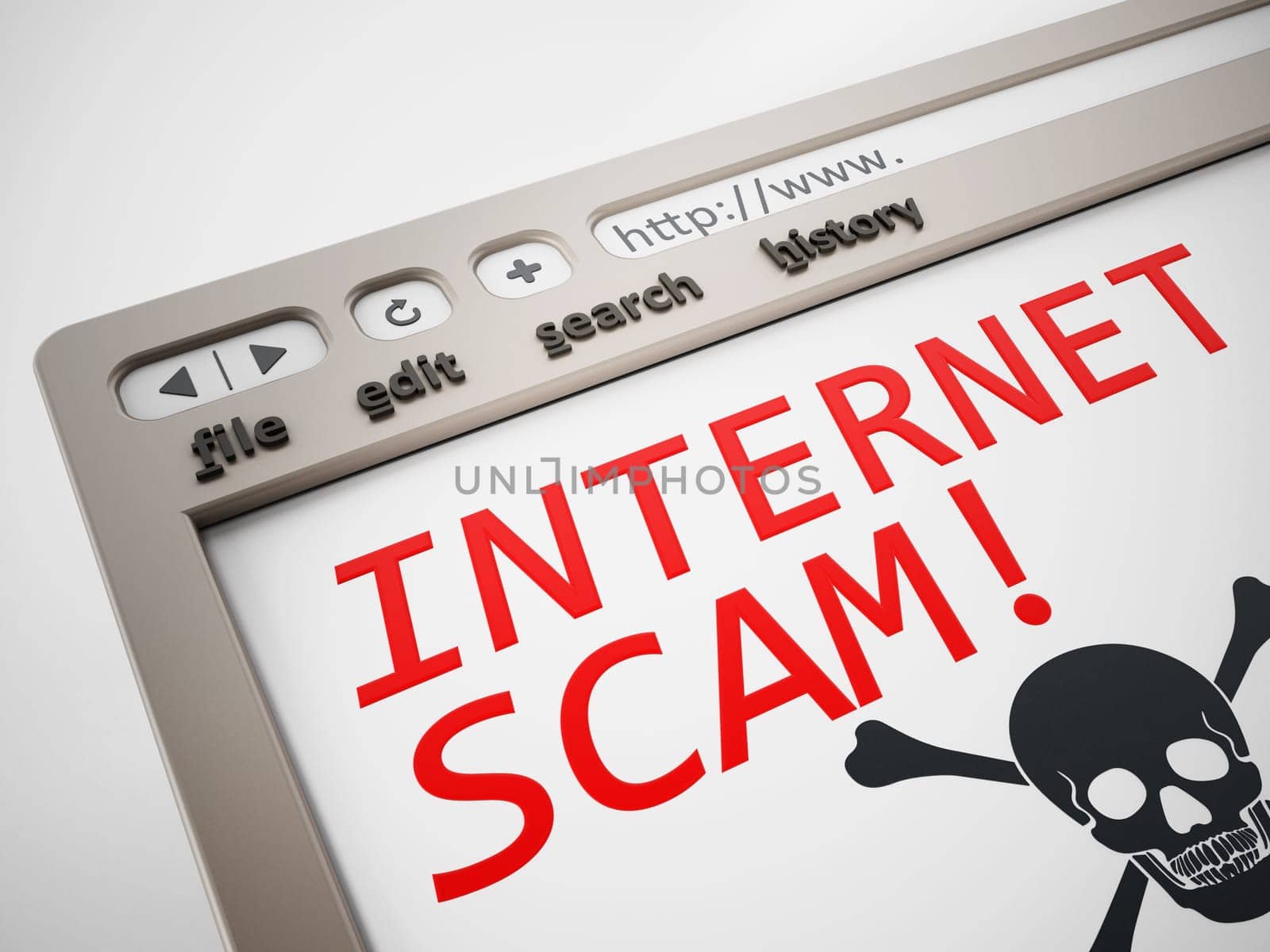 Internet scam browser page with jolly roger. 3D illustration.