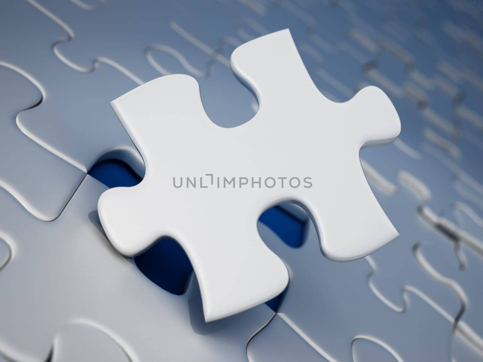 Jigsaw puzzle piece standing next to the missing part hole. 3D illustration.