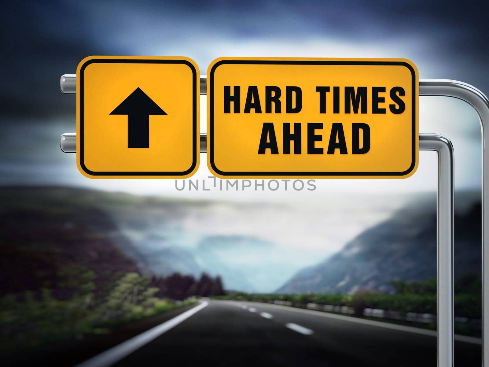 Hard times ahead signboard under dramatic sky. 3D illustration.