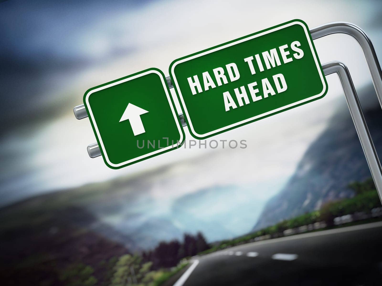 Hard times ahead signboard under dramatic sky. 3D illustration.