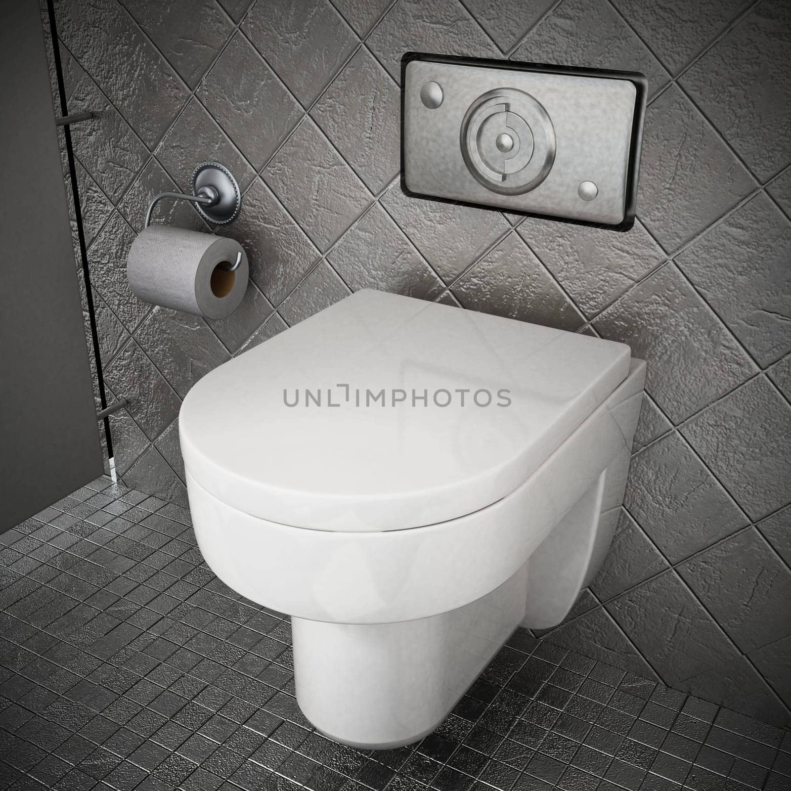 Modern toilet inside restroom covered with gray stones. 3D illustration.