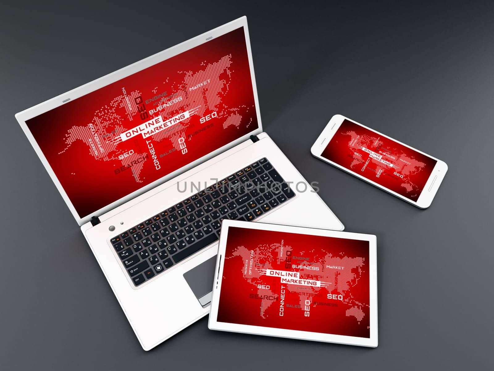 Laptop computer, tablet PC and smartphone. Online marketing concept.
