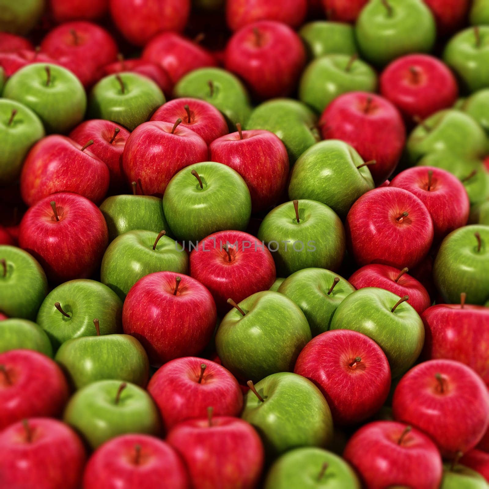Stack of fresh green and red apples. 3D illustration.
