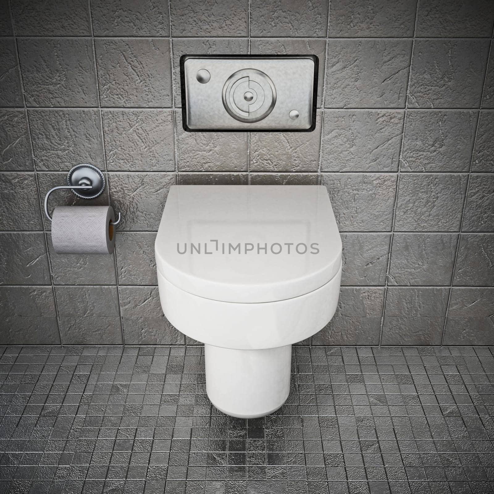 Modern toilet inside restroom covered with gray stones. 3D illustration.