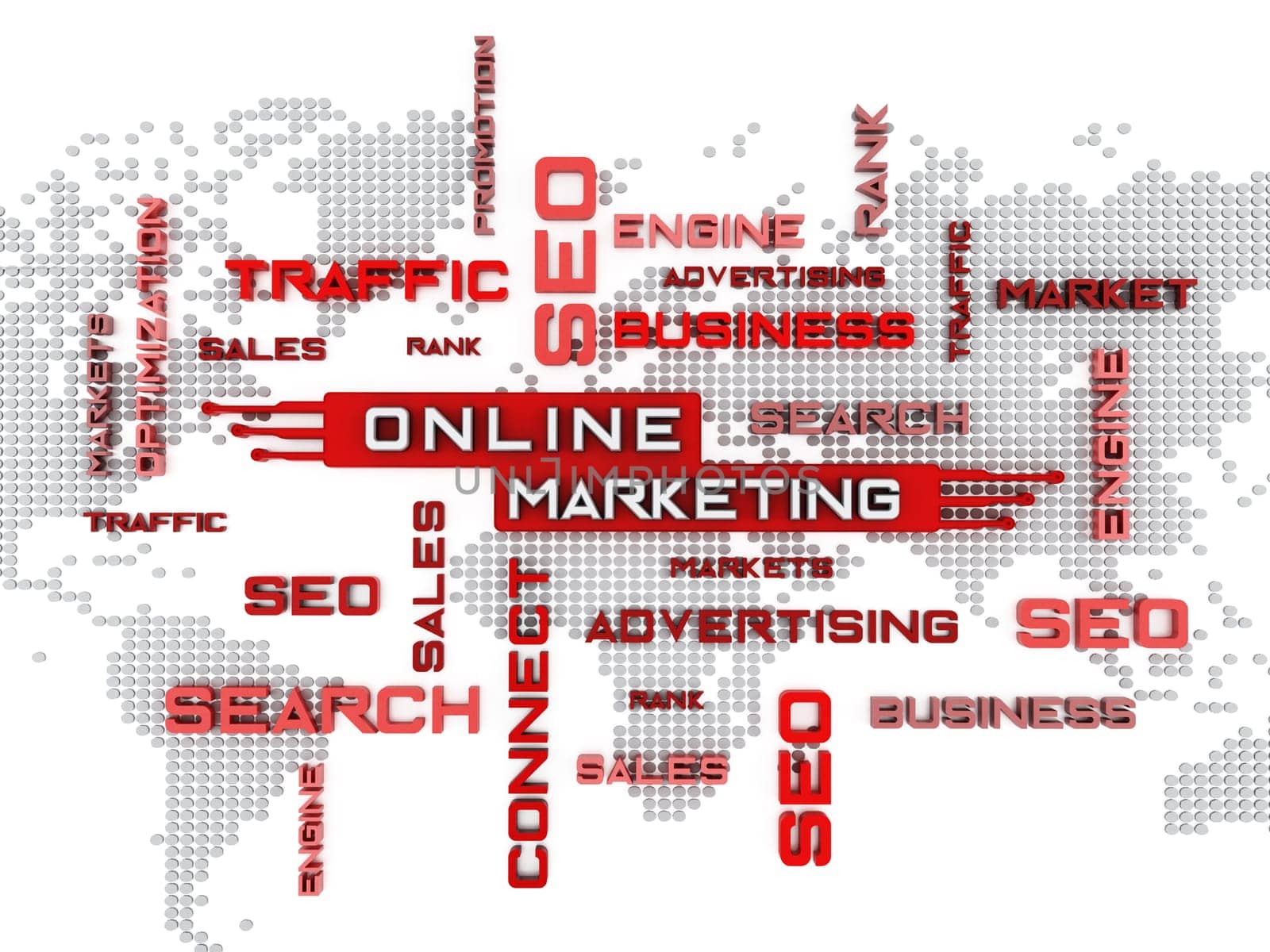 Online marketing crossword with world map background. 3D illustration.