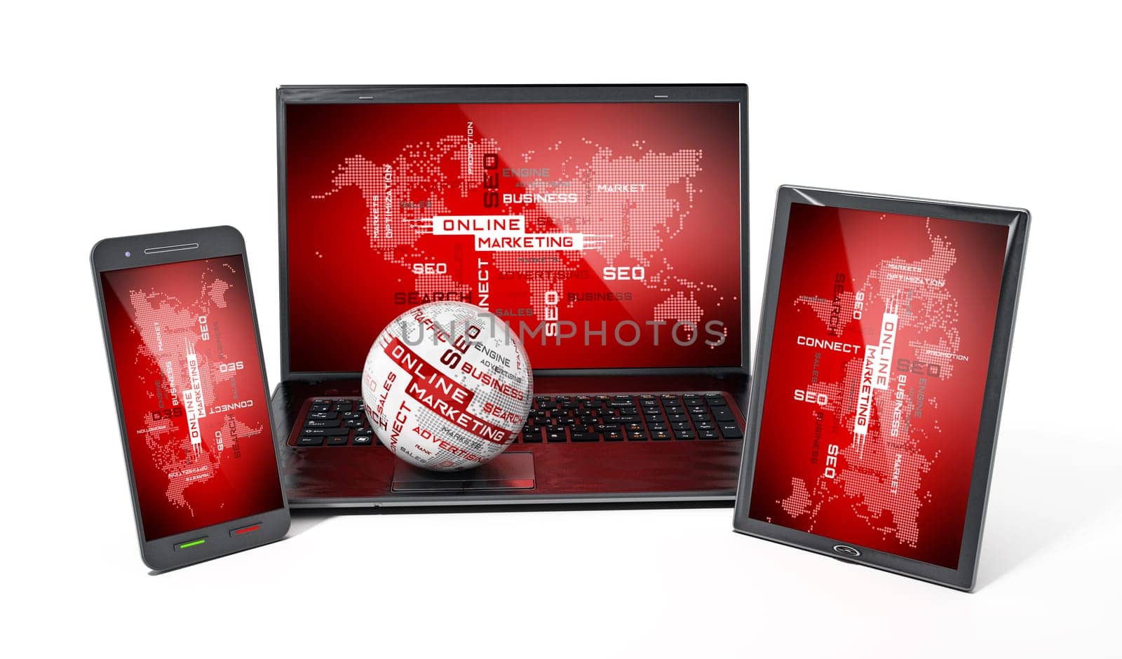 Laptop computer, tablet PC and smartphone. Online marketing concept.