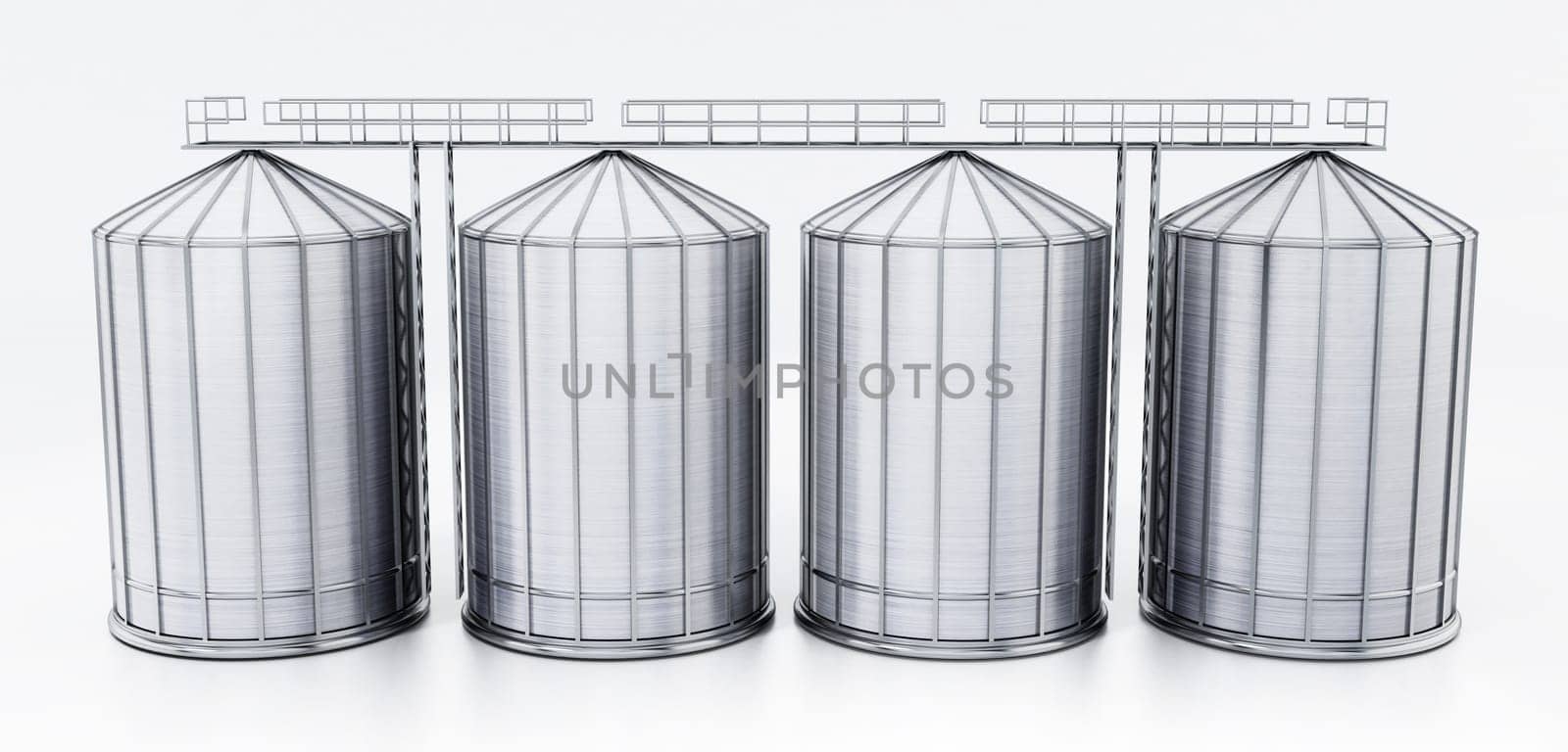 Corrugated steel grain silos isolated on white background. 3D illustration.