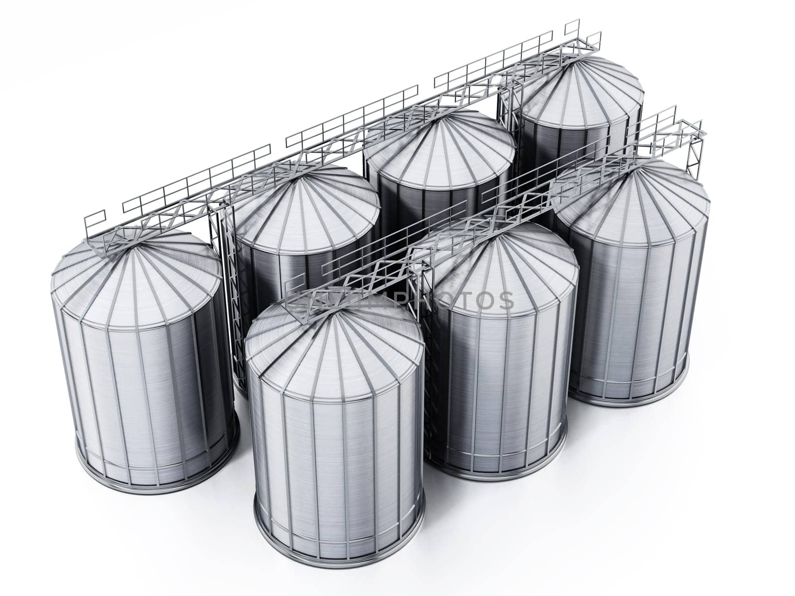 Corrugated steel grain silos isolated on white background. 3D illustration.