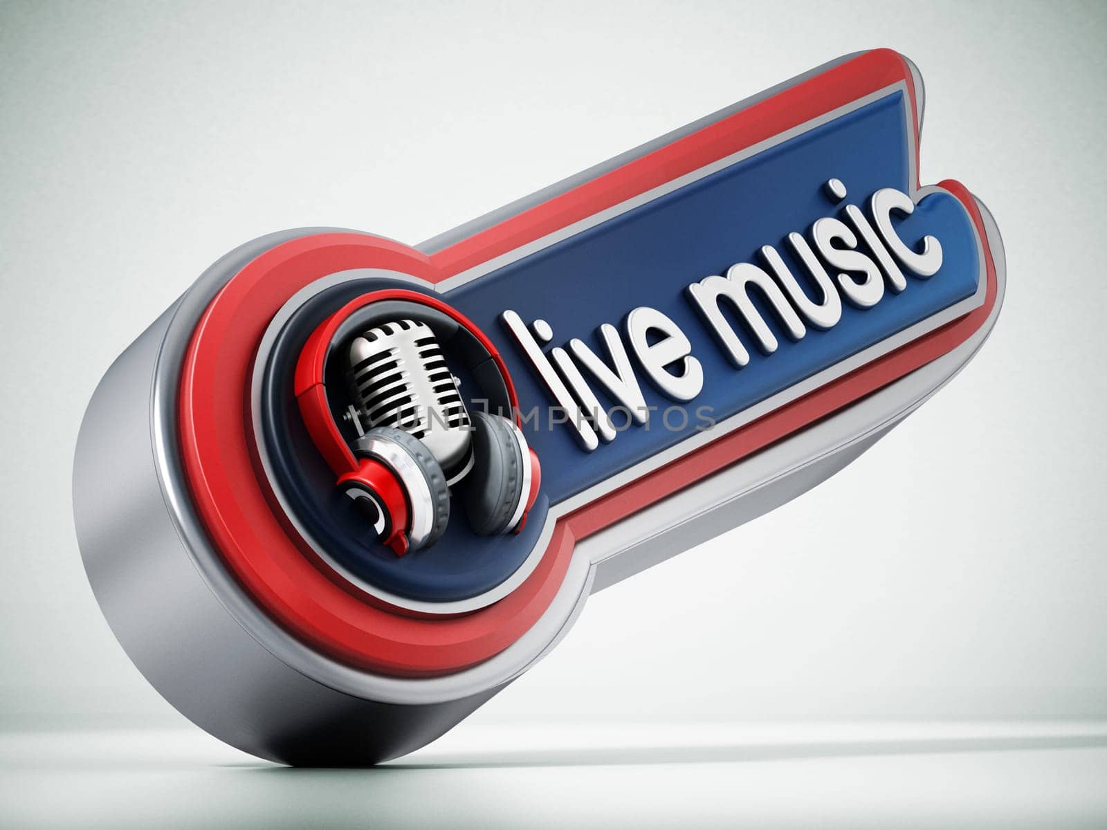 Live music banner with vintage microphone. 3D illustration.