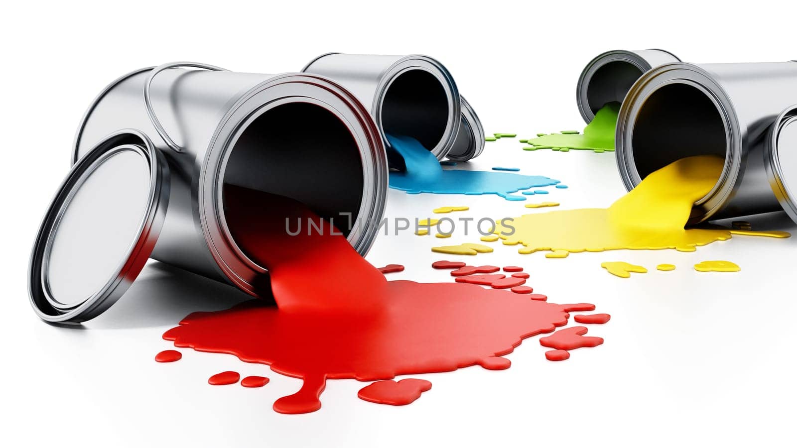 Open metal paint cans with spilled paints. 3D illustration.