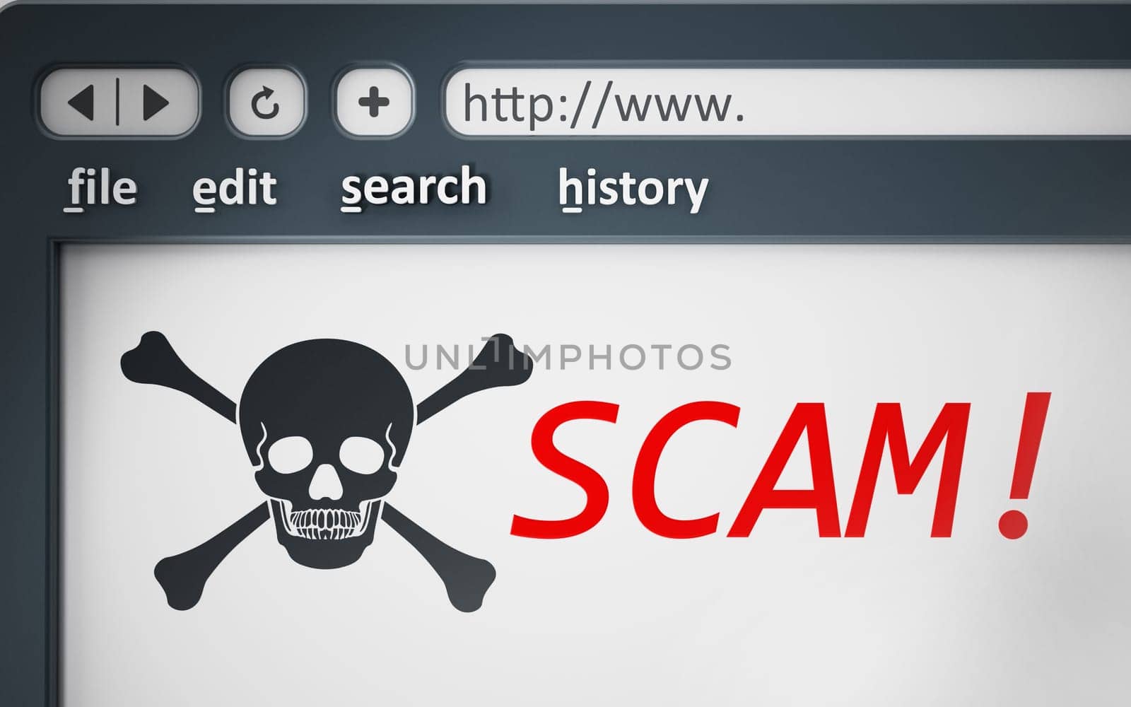 Internet scam browser page with jolly roger. 3D illustration.
