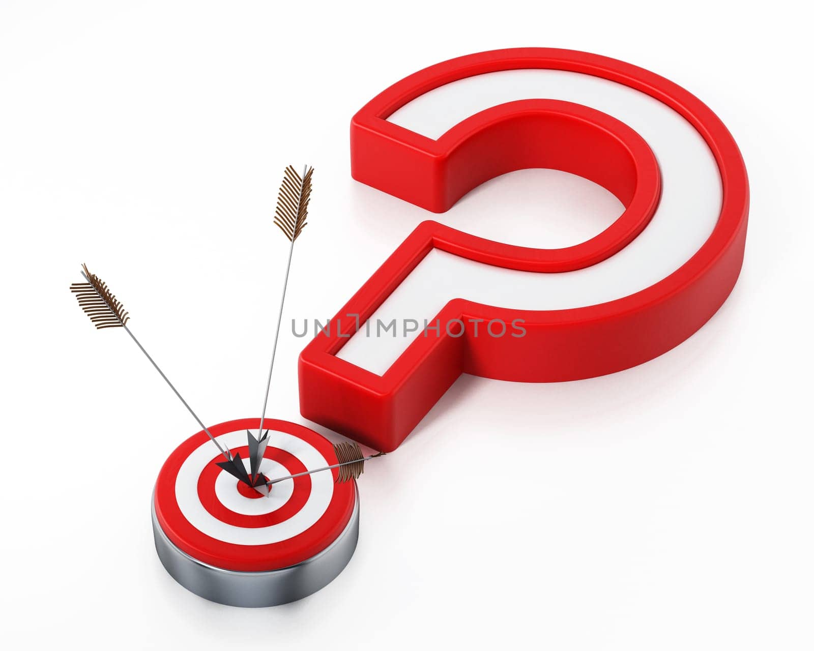 Arrows hit on target forming a question mark. 3D illustration.