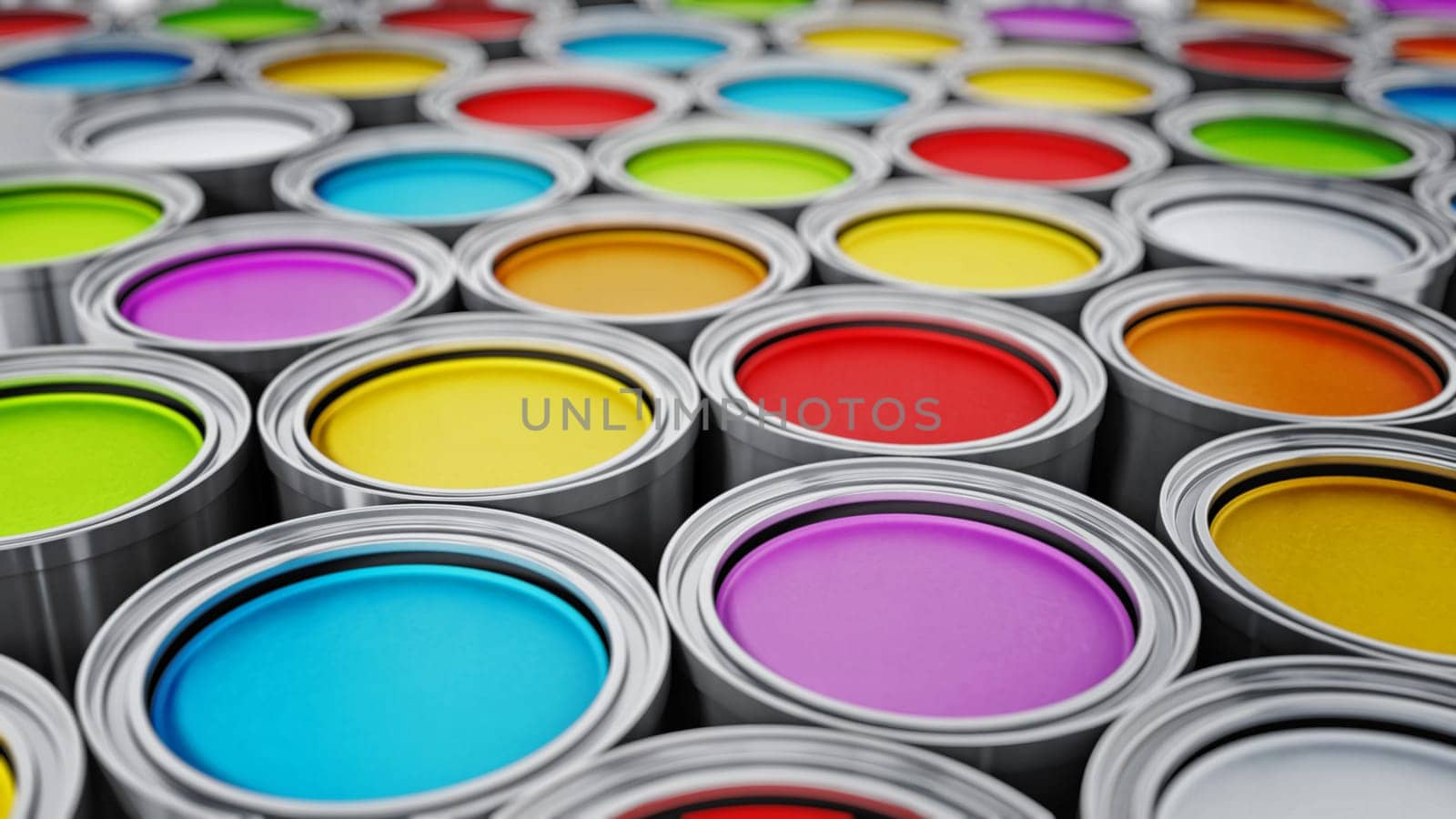 Vibrant colored paint cans background. 3D illustration.