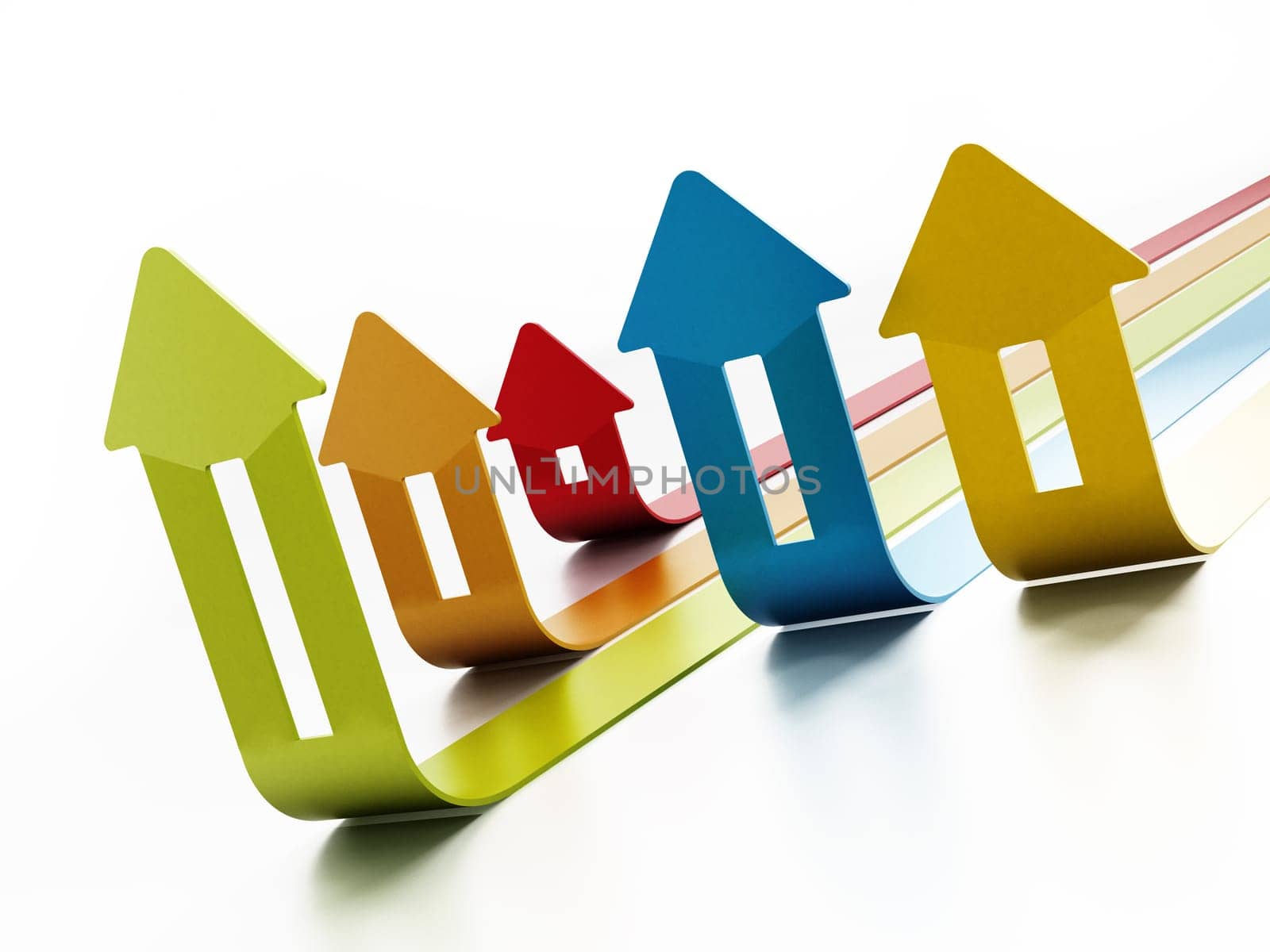 Rising house prices chart on white background. 3D illustration.