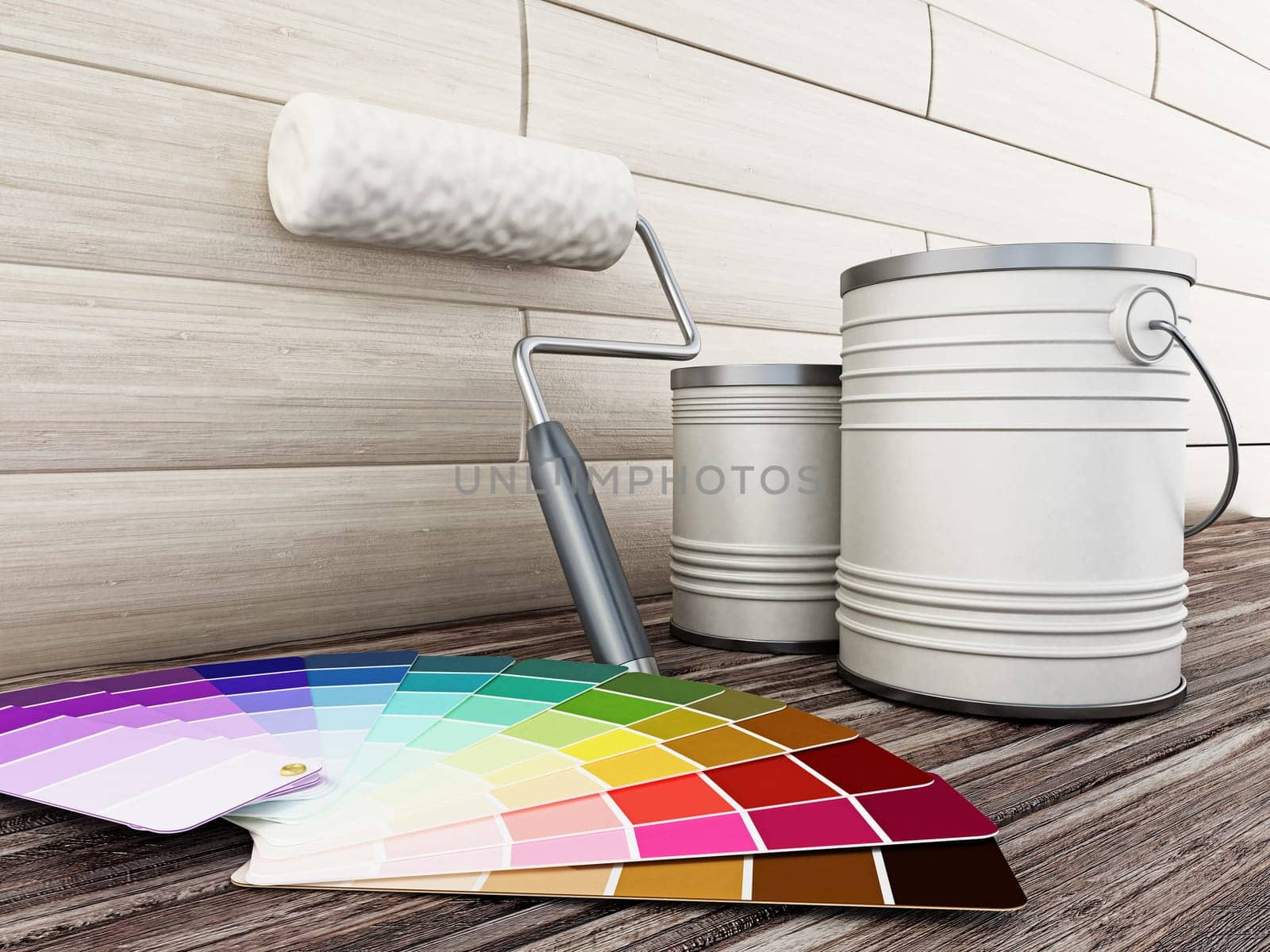 Paint cans, roller and paint cartela standing on old wooden floor. 3D illustration.