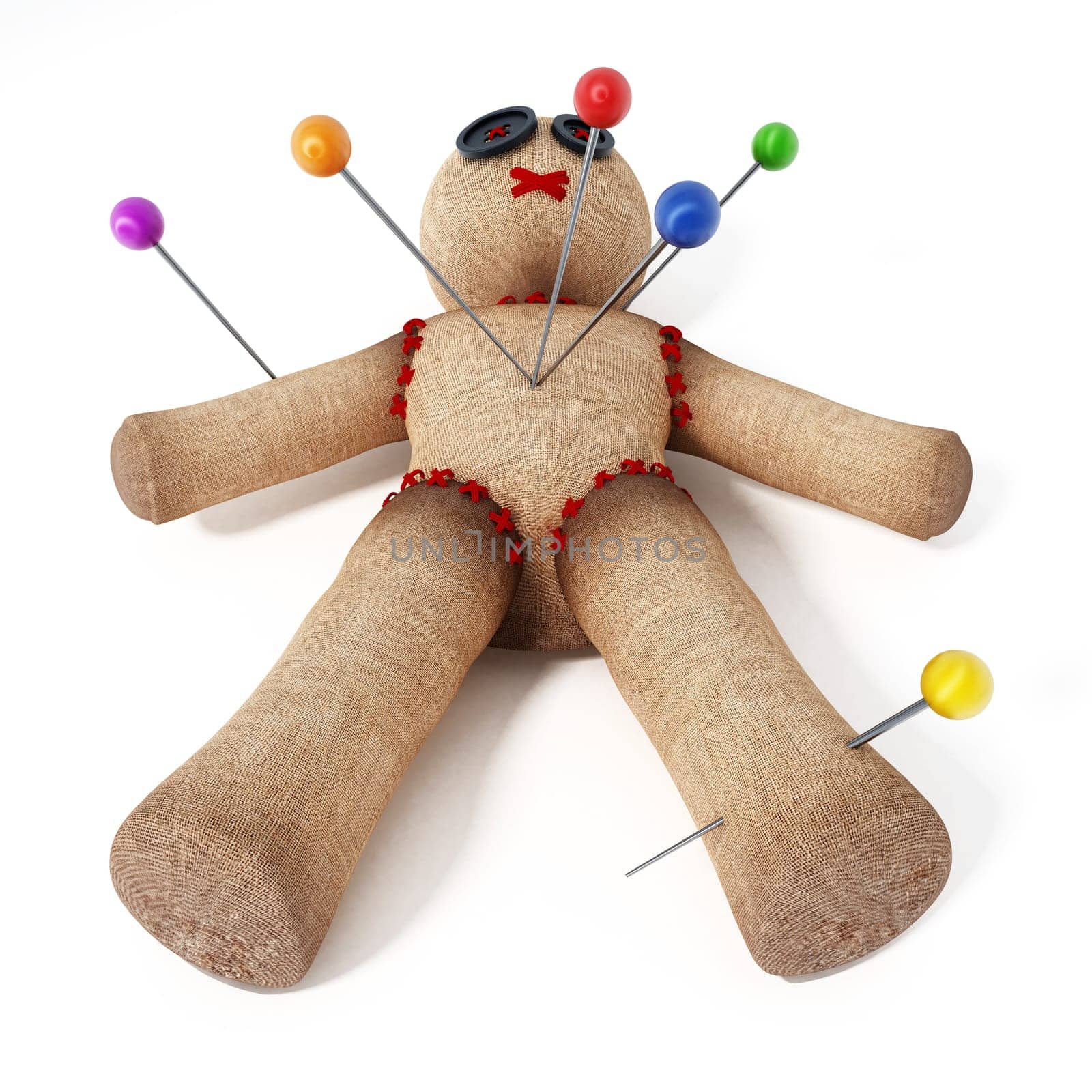 Voodoo doll with needles isolated on white background..