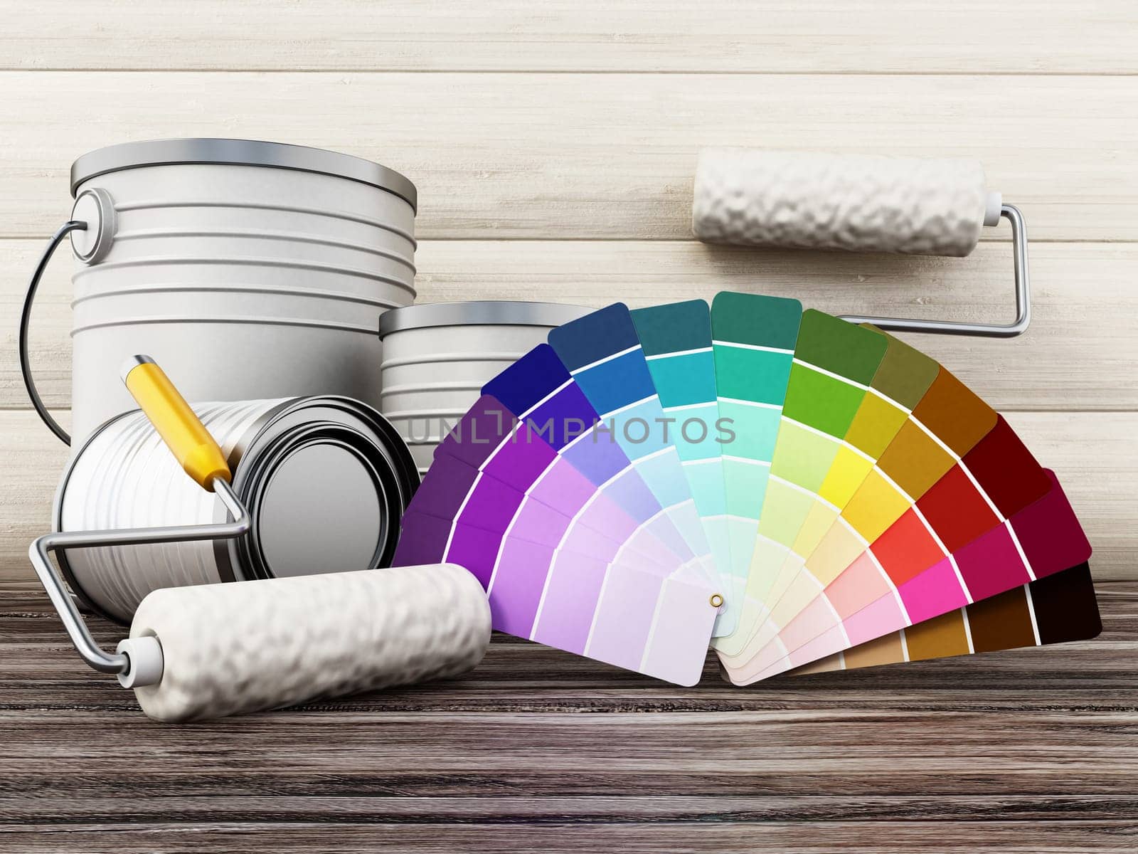 Paint cans, roller and paint cartela standing on old wooden floor. 3D illustration.