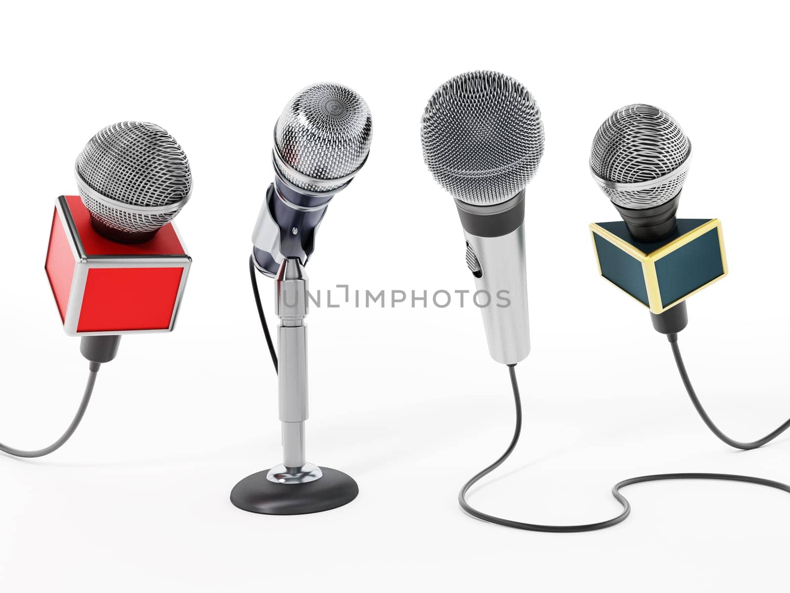 Aligned news microphones isolated on white background. 3D illustration.