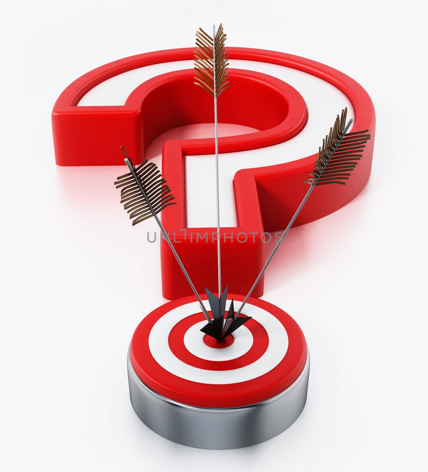 Arrows hit on target forming a question mark. 3D illustration.