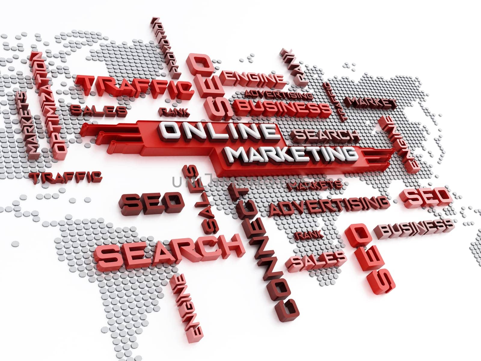 Online marketing crossword with world map background. 3D illustration.