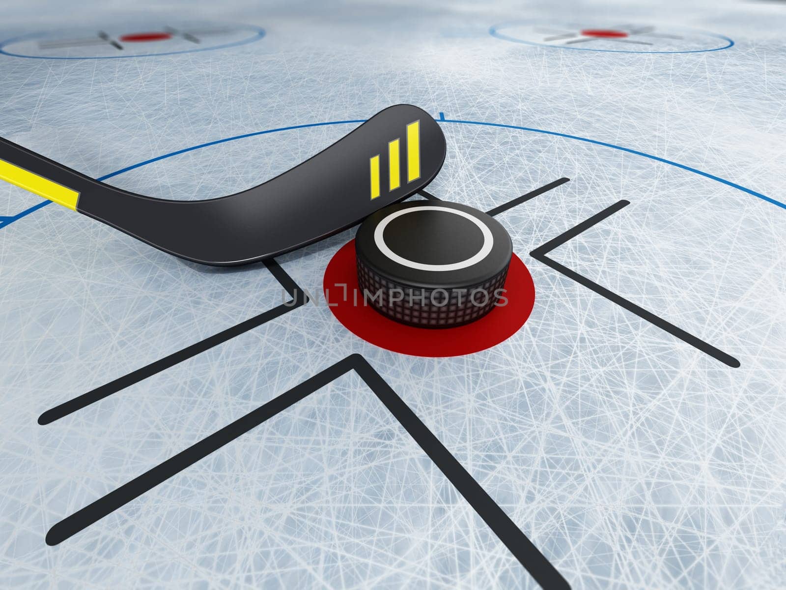 Ice hockey stick and puck on scratched ice background. 3D illustration.
