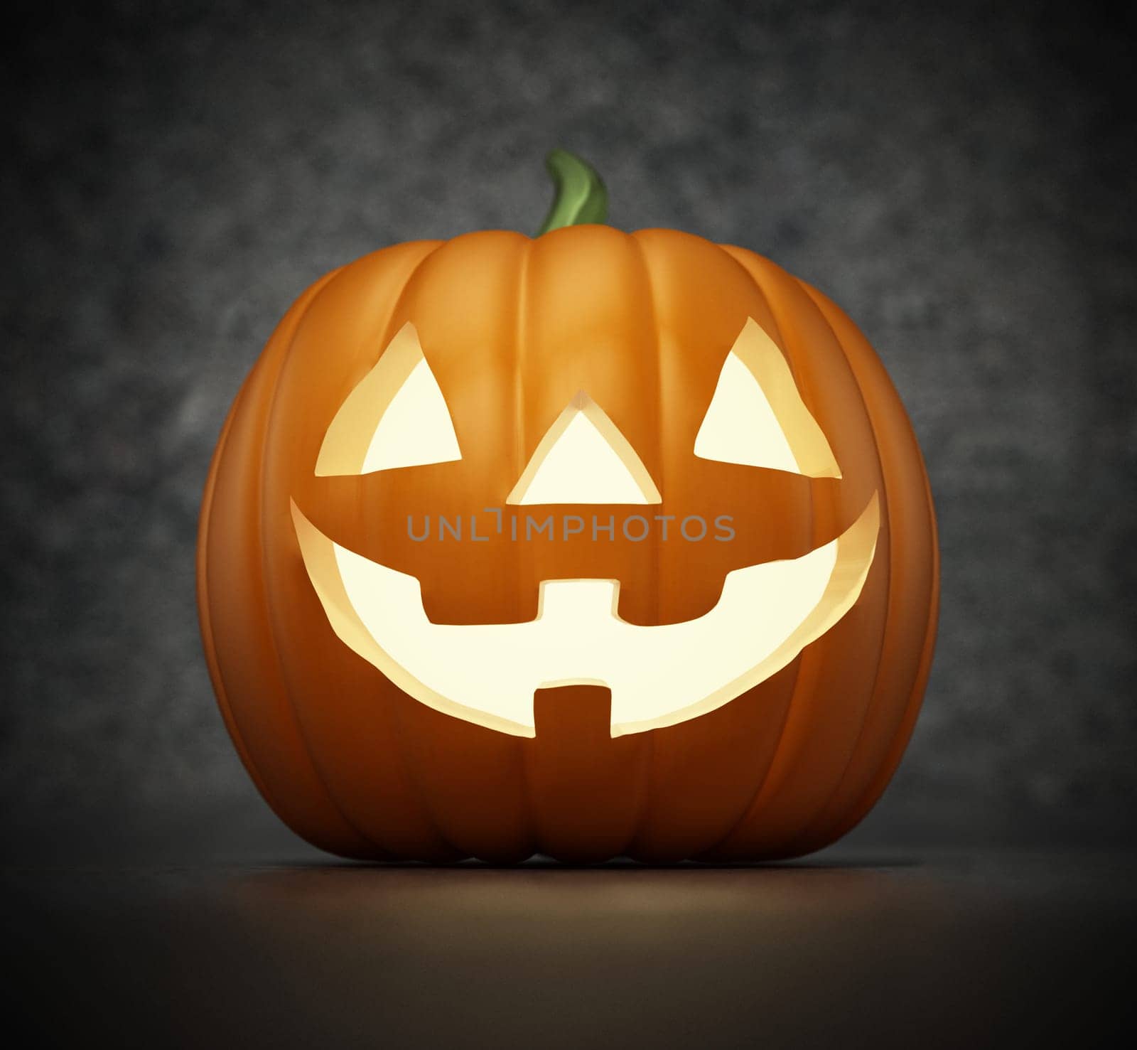 Lit Halloween pumpkin with a funny smiling face. 3D illustration.