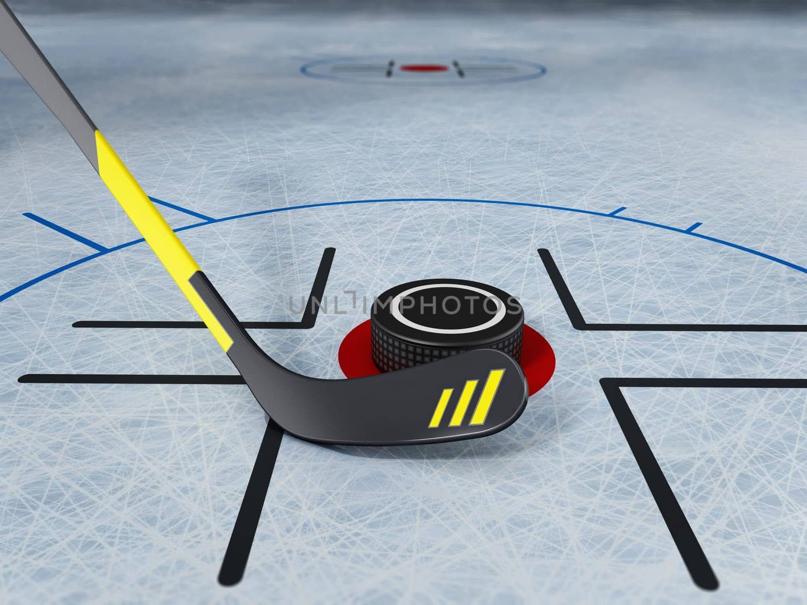 Ice hockey stick and puck on scratched ice background. 3D illustration.