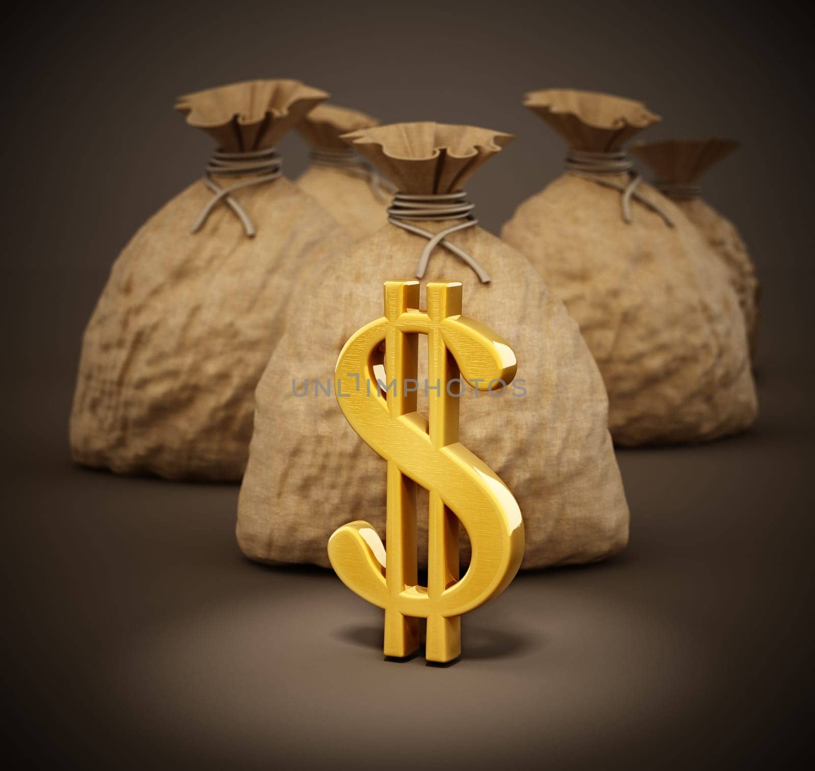 Money sacks with gold dollar icons. 3D illustration.
