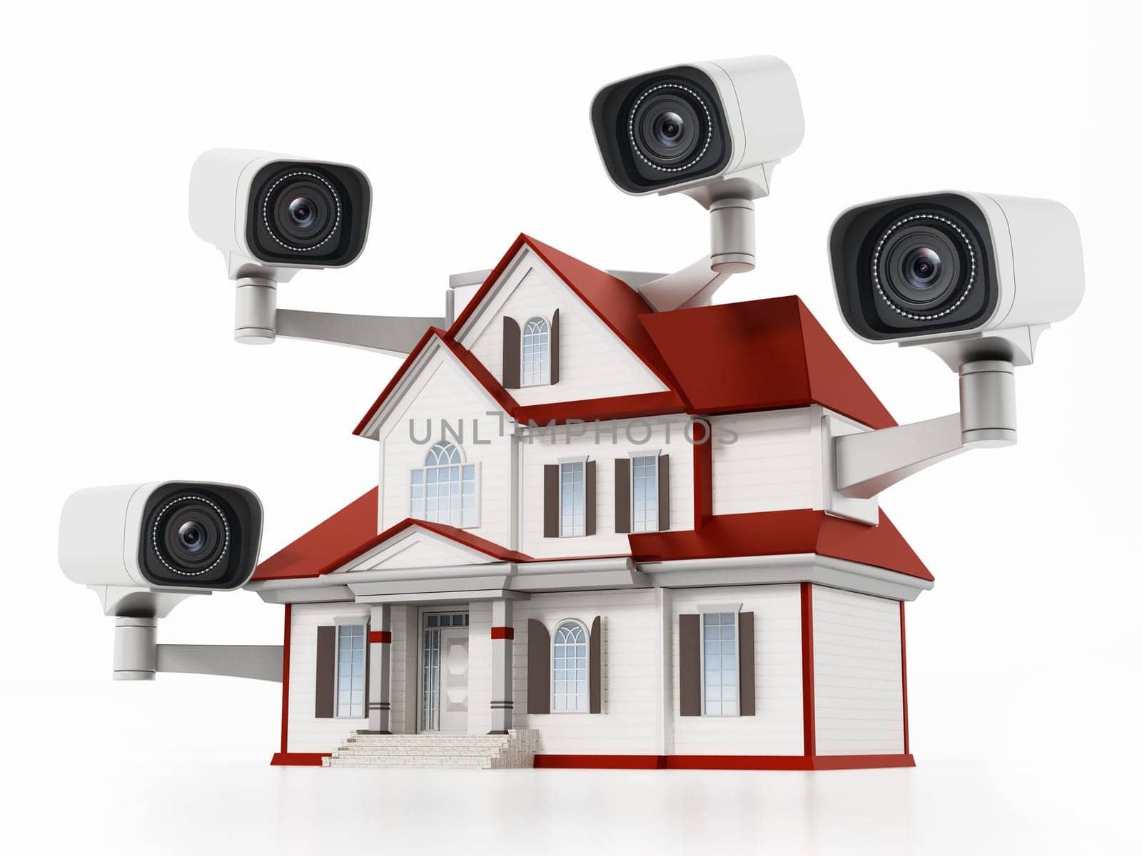 House protected with CCTV surveillance cameras. 3D illustration.
