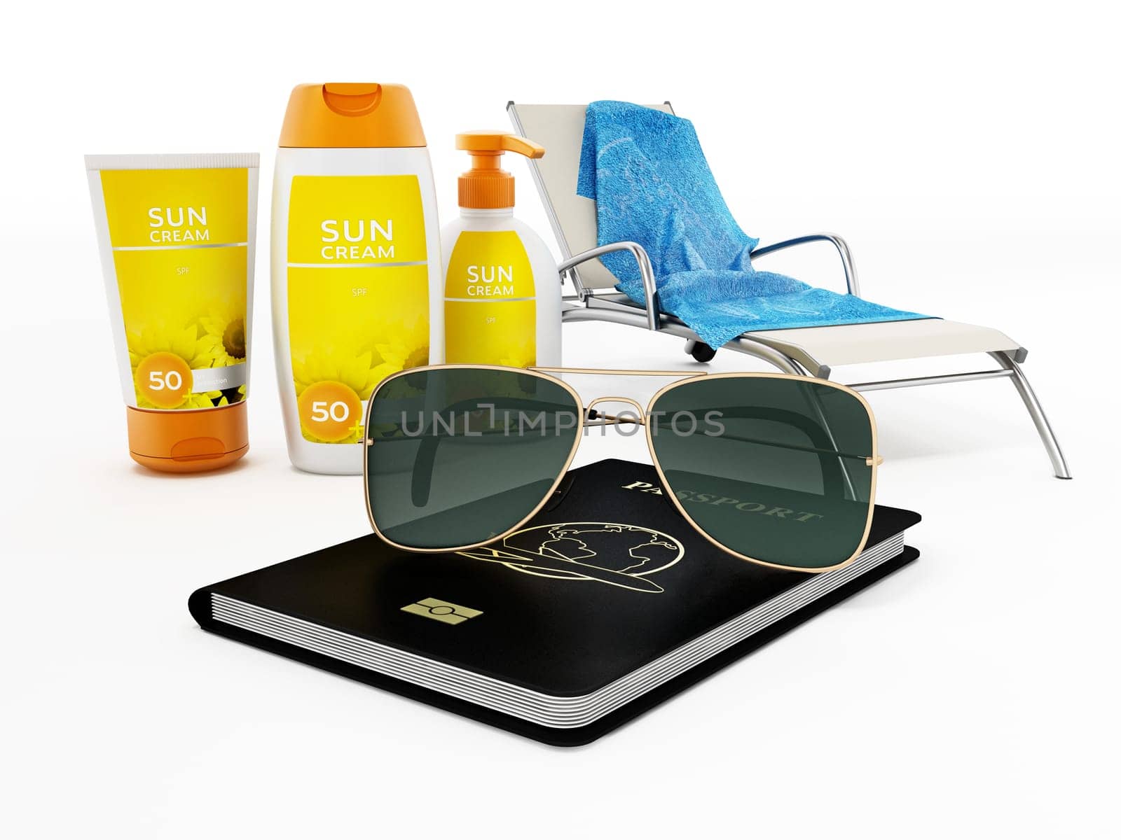 Passport, sunglasses, sunbed, sun cream and towel 3D illustration