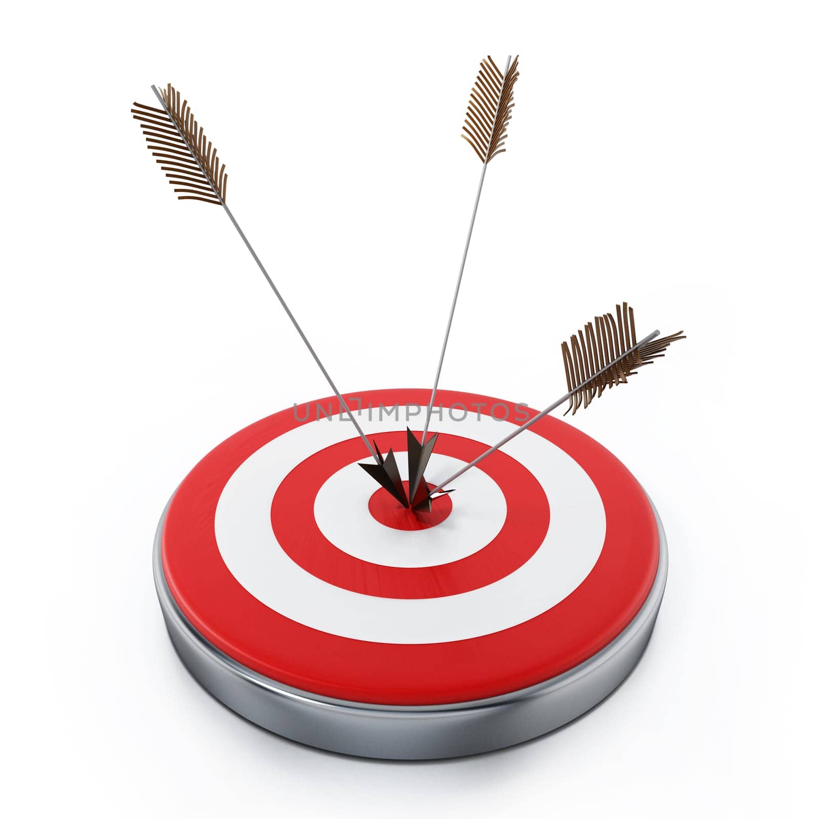 Arrows hit right on target bullseye. 3D illustration.