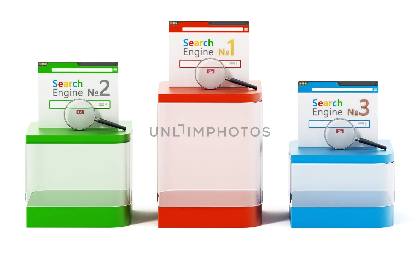 Symbolic ranking of three search engines. 3D illustration.