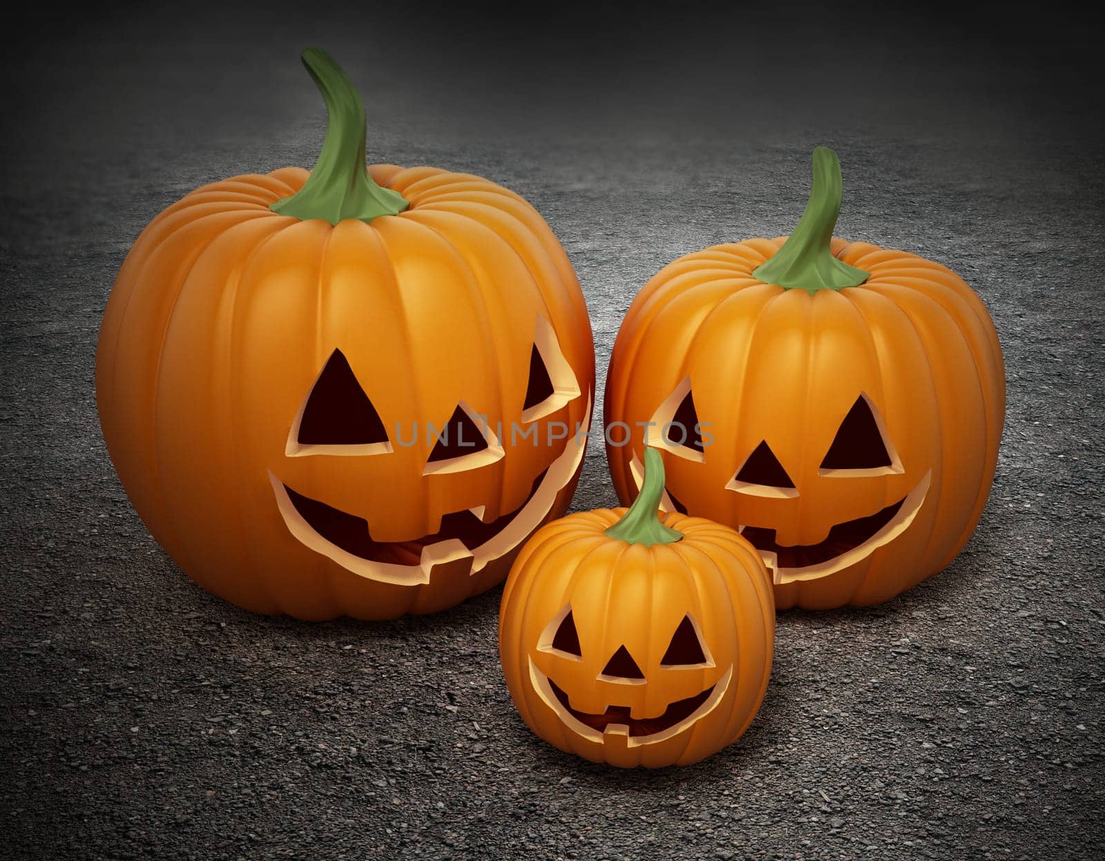Halloween pumpkins with funny smiling faces. 3D illustration.