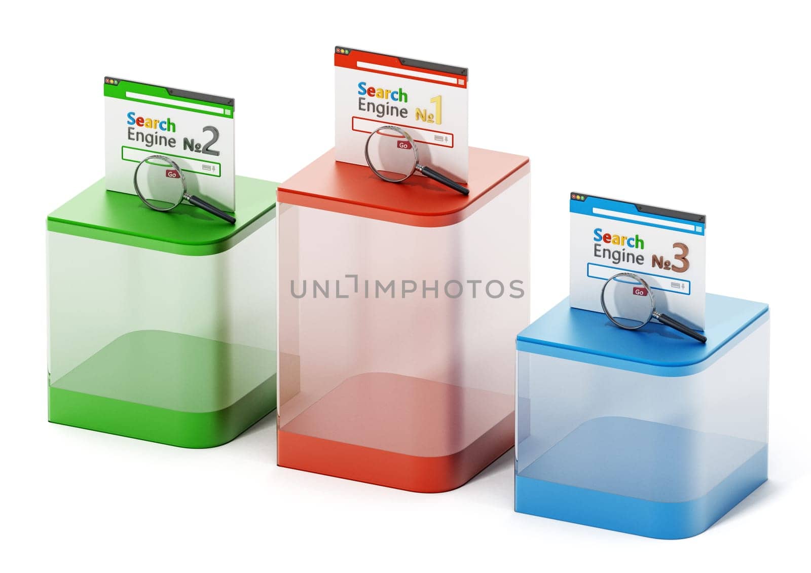 Symbolic ranking of three search engines. 3D illustration.