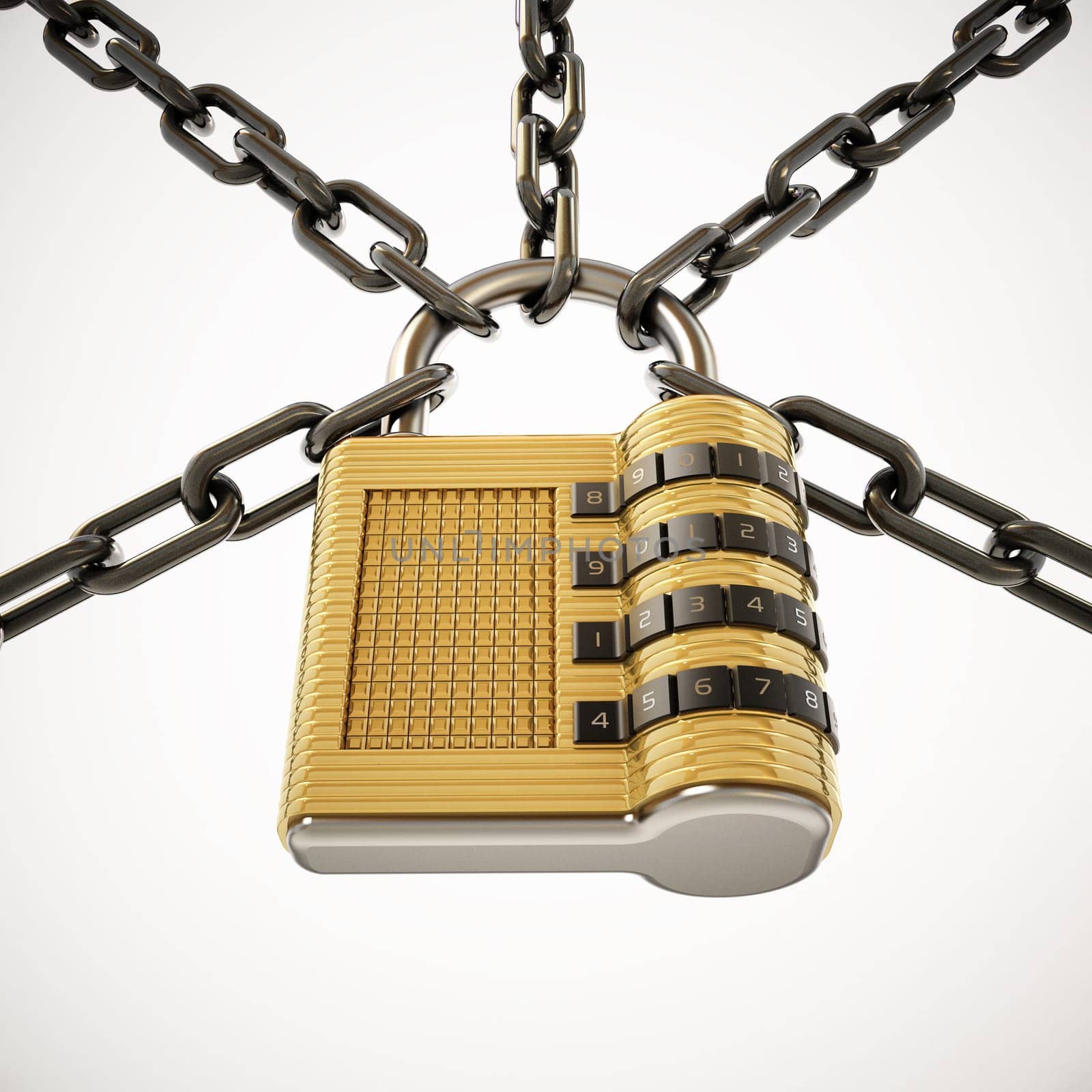 Chained padlock isolated on white background. 3D illustration.