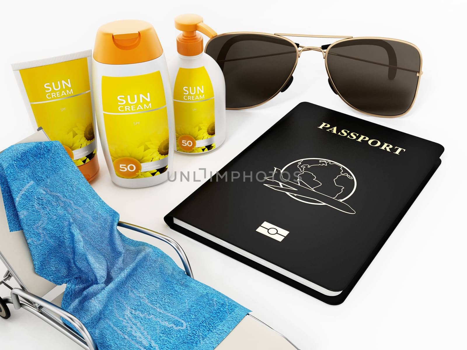 Passport, sunglasses, sunbed, sun cream and towel 3D illustration