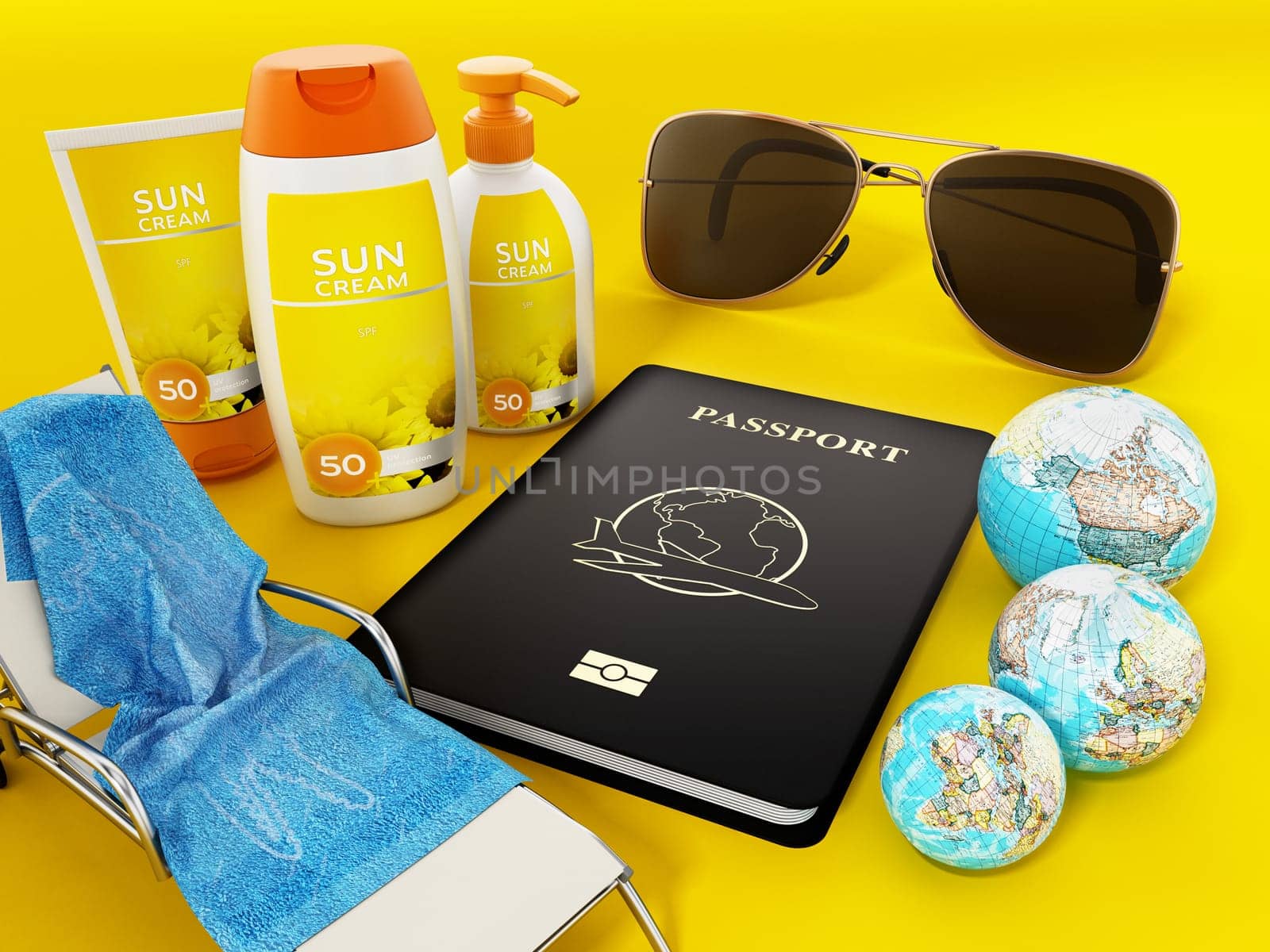 Passport, sunglasses, sunbed, sun cream and towel 3D illustration