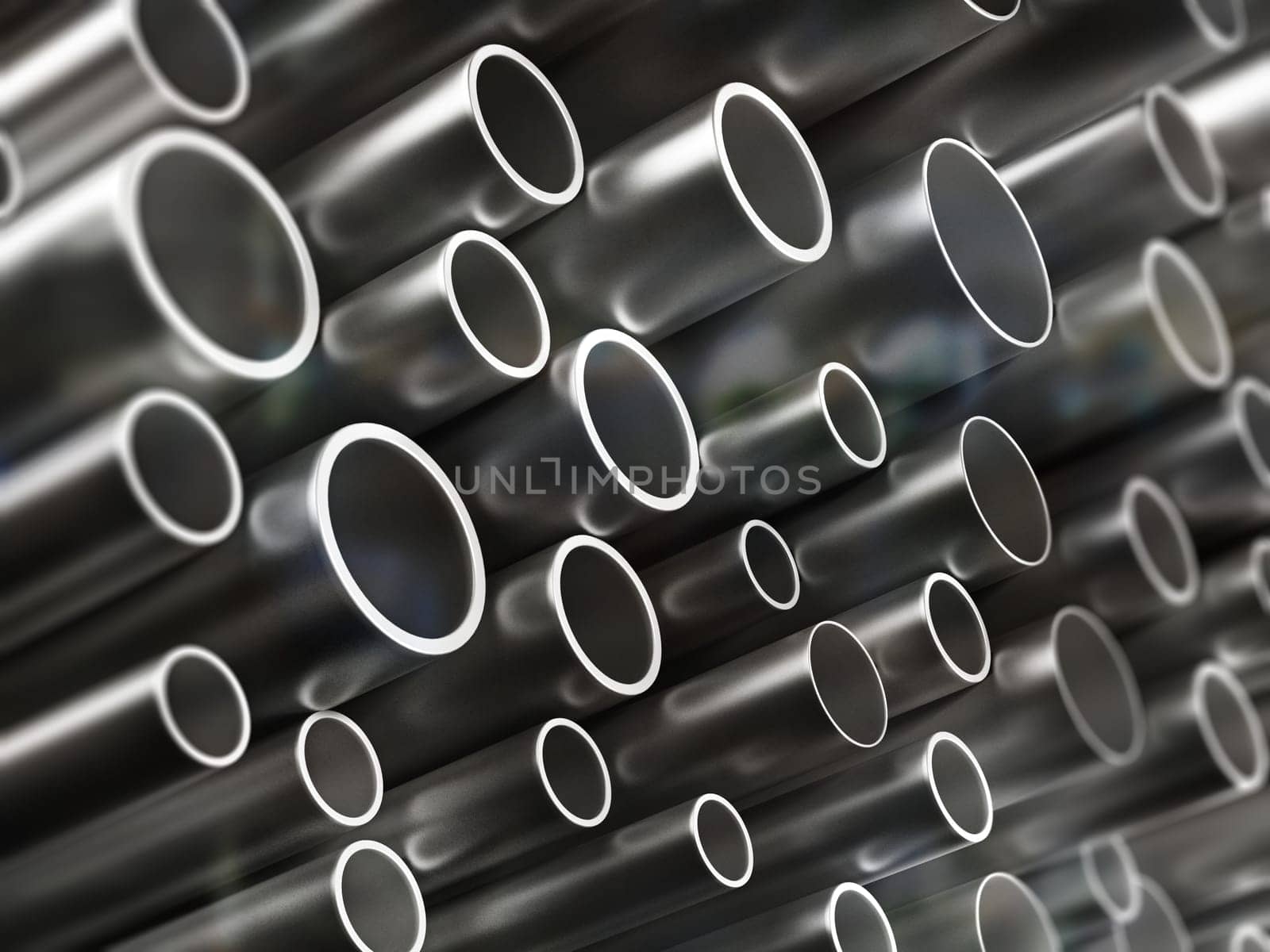 Large group of steel tubes. 3D illustration.