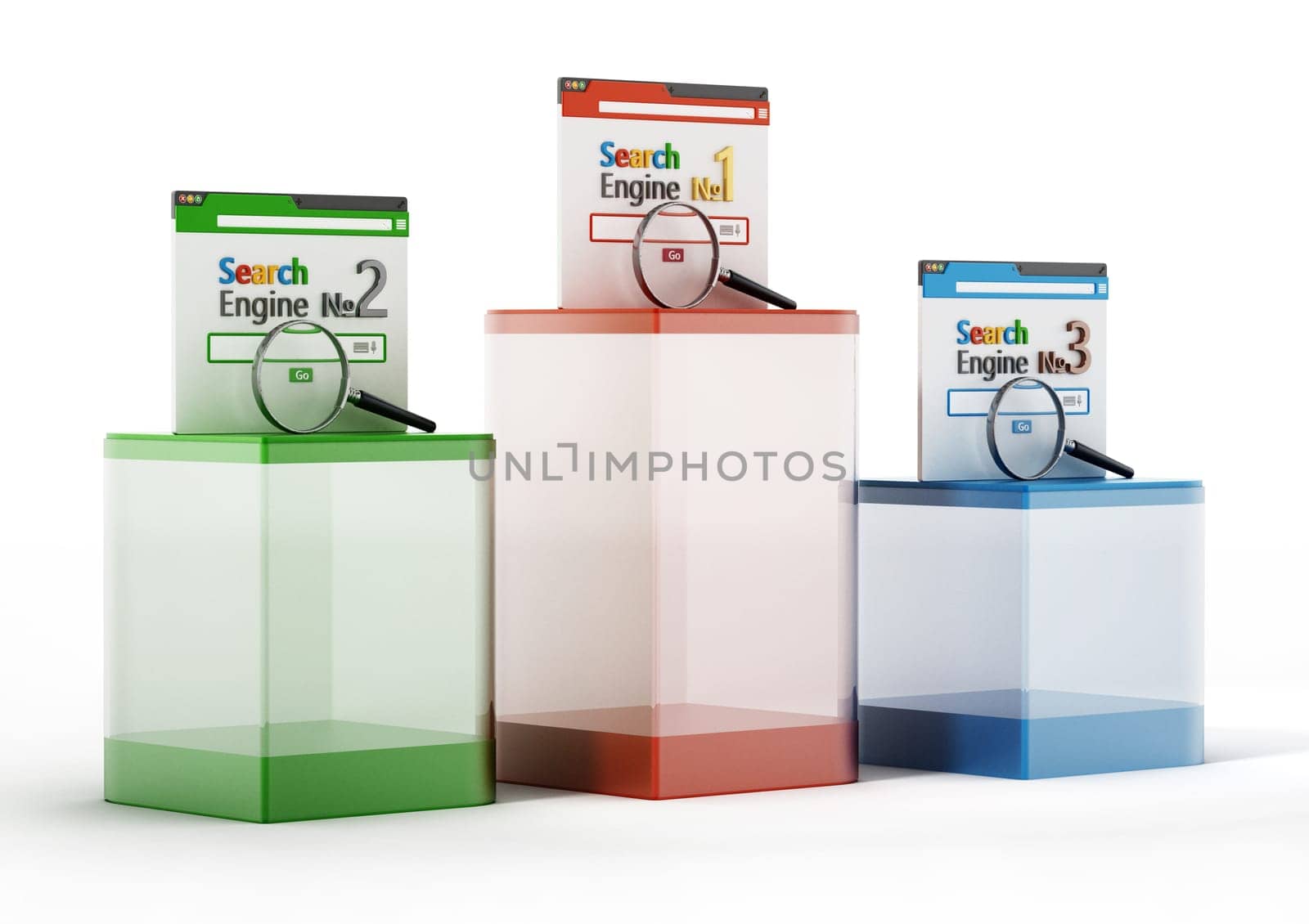 Symbolic ranking of three search engines. 3D illustration.