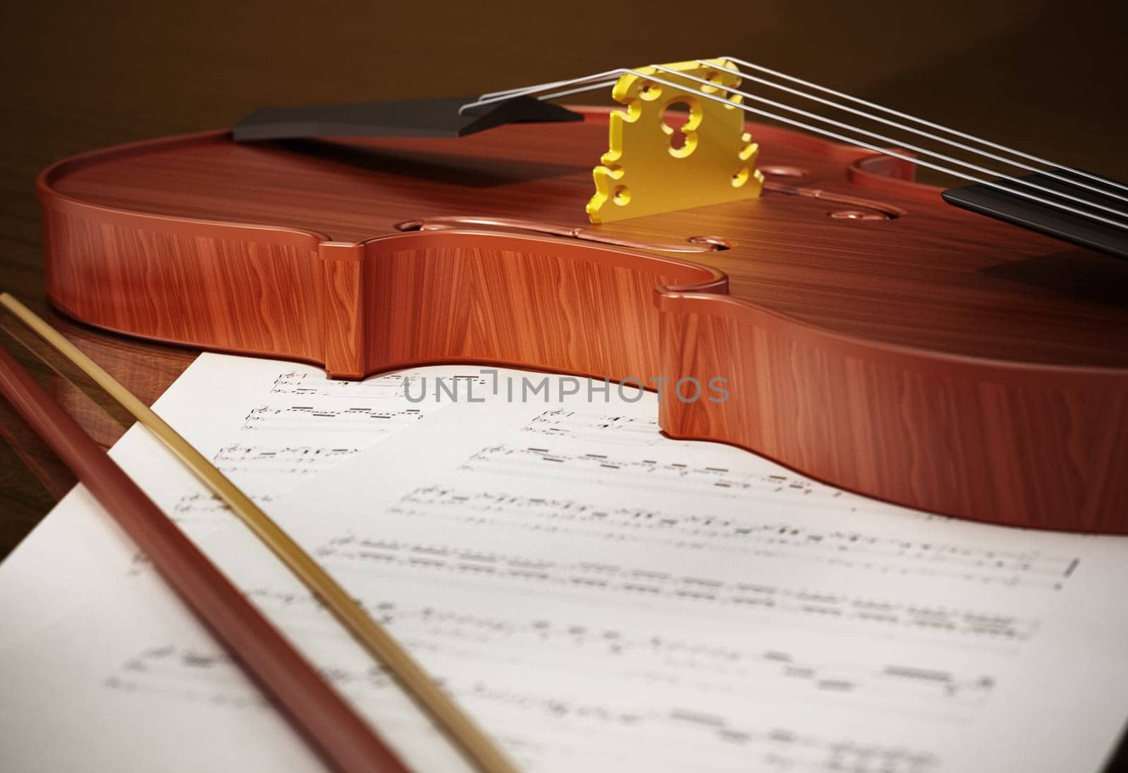 Close up of violin standing on music sheet. 3D illustration.