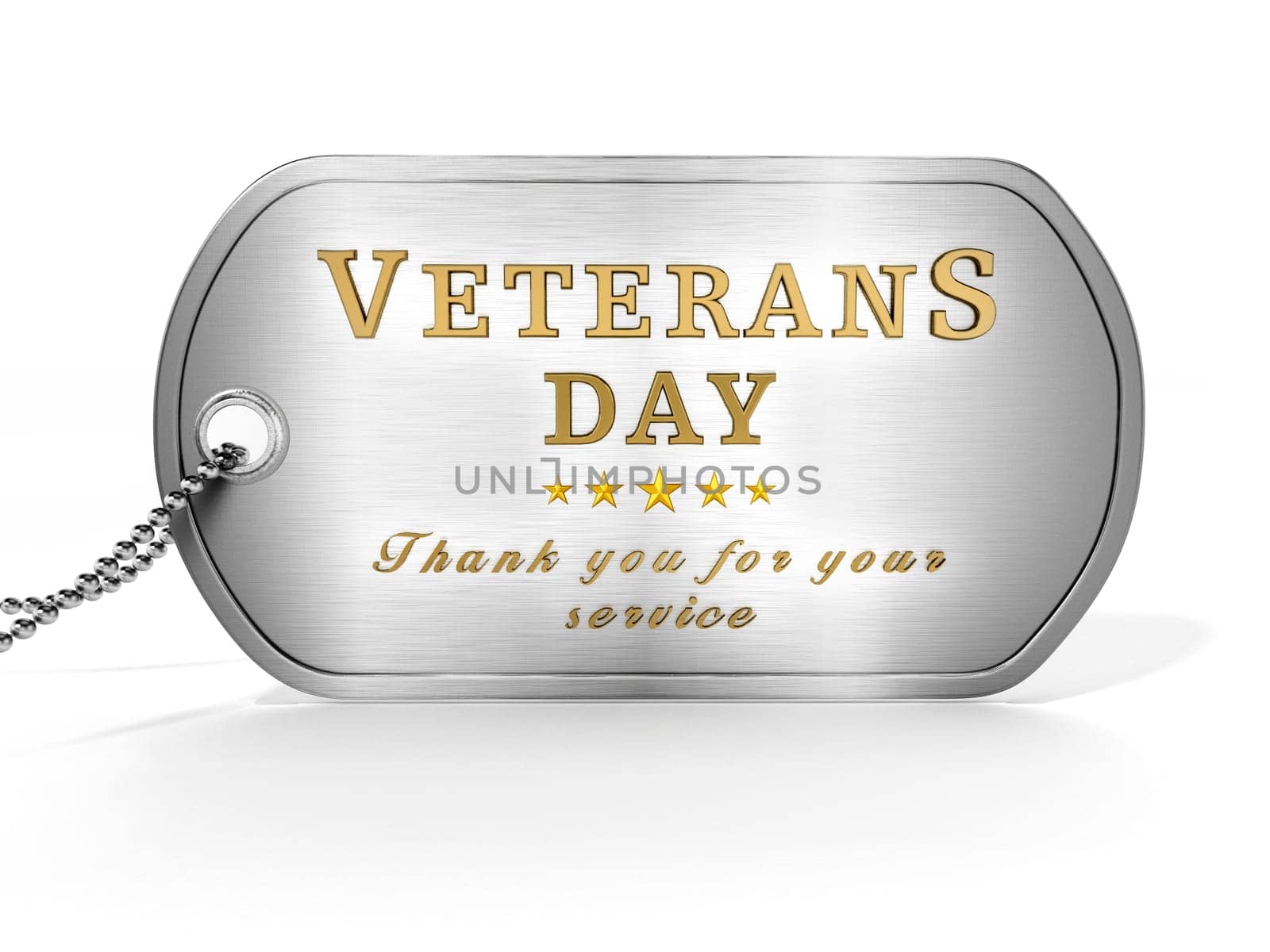 Veterans Day dogtag standing on American flag. 3D illustration.