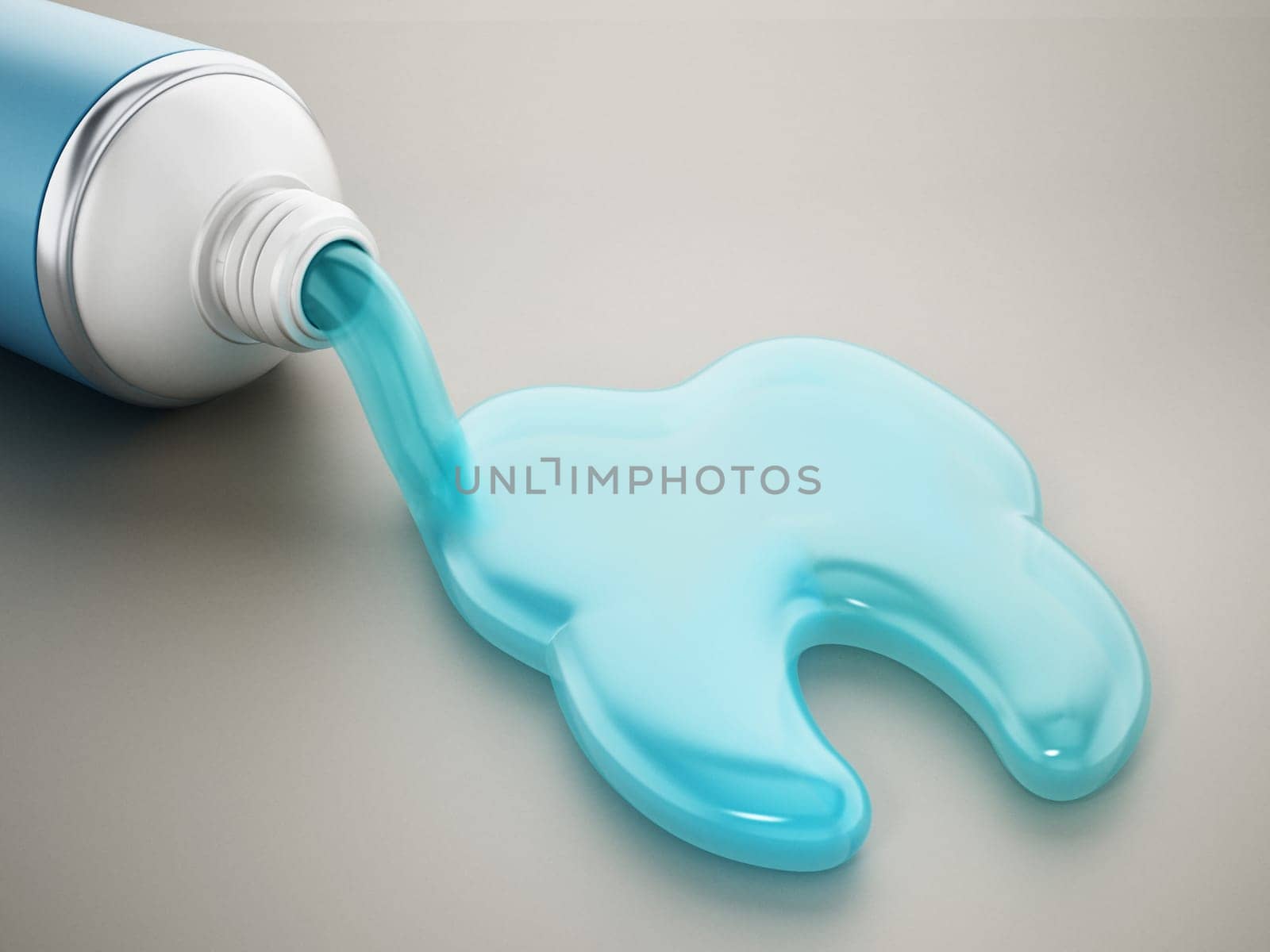 Toothpaste coming out of tube forms a tooth. 3D illustration.