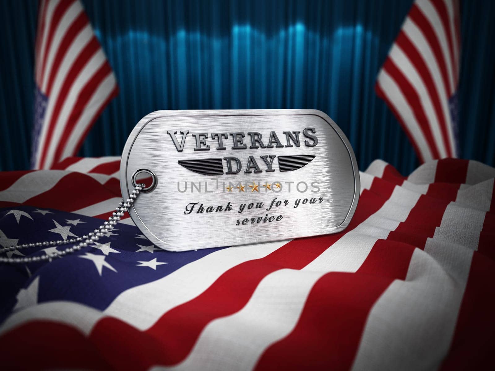 Veterans Day dogtag standing on American flag. 3D illustration.