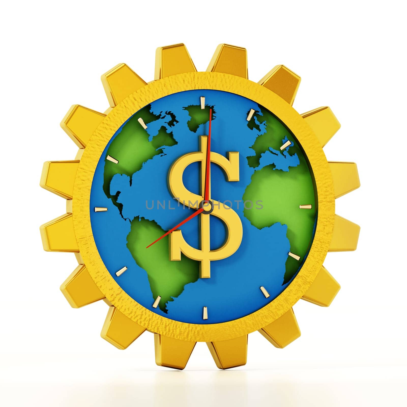 Gear shaped clock with dollar sign. Earth map at the center. 3D illustration.