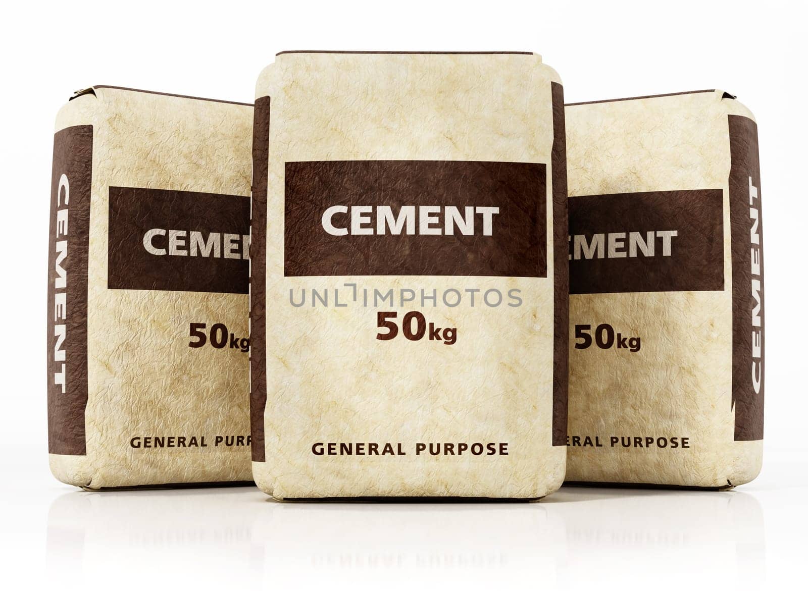 Cement bags with generic package design isolated on white background. 3D illustration.