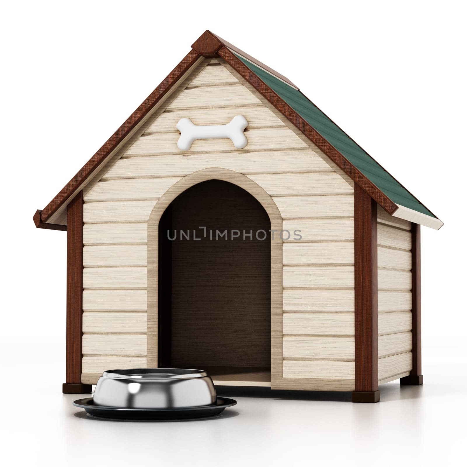 Doghouse and food bowl isolated on white background. 3D illustration.